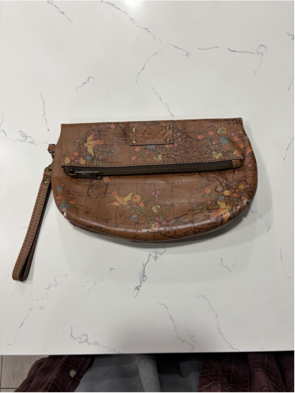 Patricia Nash March 2020 Leather Wristlet Clutch Map Floral Bird Print Brown